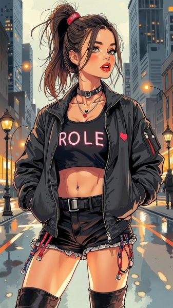 Стильная девушка в спортивном образе на фоне городского пейзажа. Изображение из нейронной сети Flux