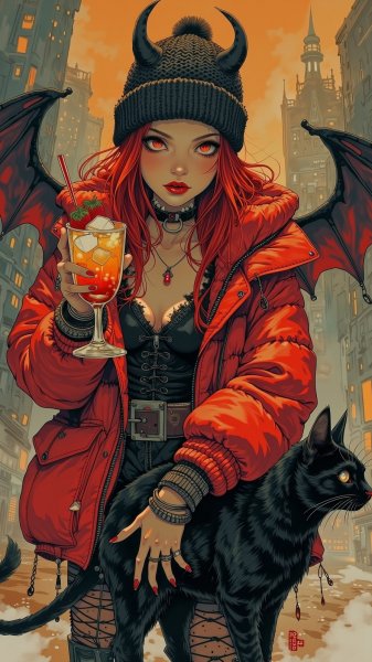 Вампирша в городе: огненный коктейль и демонический кот под покровом ночи. Нейронная сеть Flux Ai
