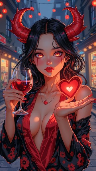 Вампирская красотка: ночной город и демоническое вино. Нейросеть Flux Ai