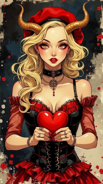 Страстная блондинка в обличии роковой красавицы с алым сердцем. Изображение из нейронной сети Flux