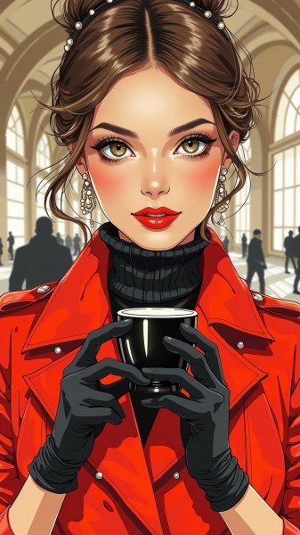 Женщина с кофе: портрет в размытом пространстве и энергии движения. Картинка из нейросети Flux Ai