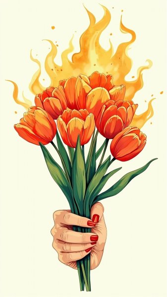 Яркие тюльпаны и страстный красный маникюр в драматичном свете. Картинка из нейросети Flux.1