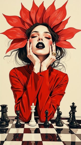 Красочная шахматная партия в красном цвете. Генерация из нейросети Flux Ai