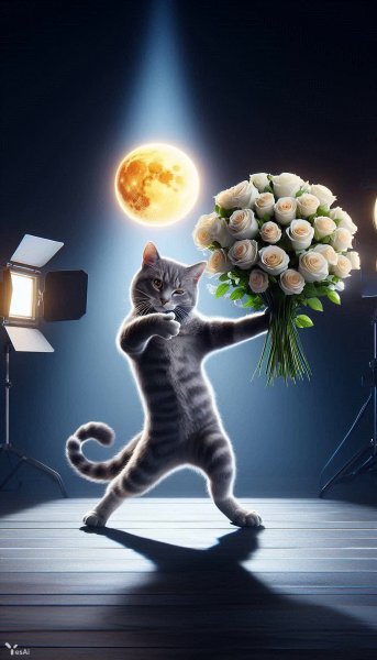 Кошачий танец и розы: кинематографичная история любви под солнцем и луной. Картинка из нейросети Далли 3