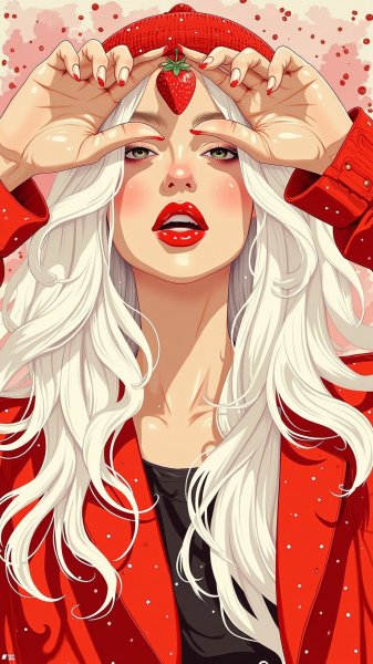 Красное пальто и клубничная улыбка: красота в размытом фокусе. Нейросеть Flux Ai