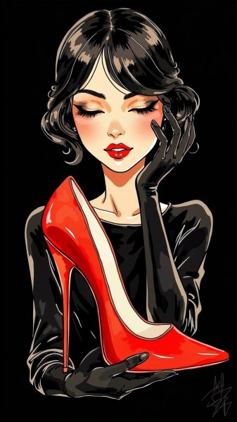 Таинственный портрет: женщина в черном и алая загадка. Картинка из нейронной сети Flux Ai