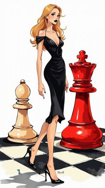 Черное платье и шахматная доска в стиле хай-фэшн. Нейросеть Flux 1