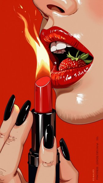 Драматичный образ с огнём и клубникой на губах. Генерация из нейронной сети Flux 1