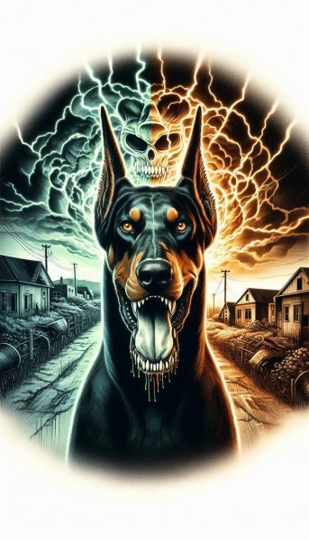 Доберман: страж апокалиптического города в ядовитом свете акварели. Генерация из нейронной сети Dalle