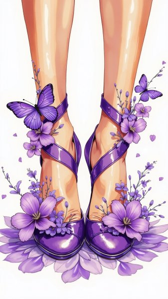 Фиолетовая элегантность: туфли на каблуке в окружении цветов и бабочек. Нейросеть Flux 1