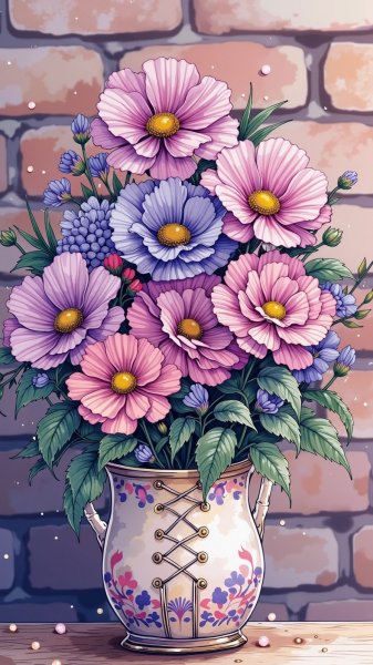 Элегантная композиция с цветами и бисером в фиолетовой вазе. Нейросеть Flux.1