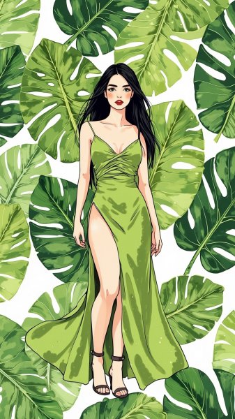 Изумрудная листва и смелый образ: яркий паттерн с акцентом на детали. Картинка из нейросети Flux.1