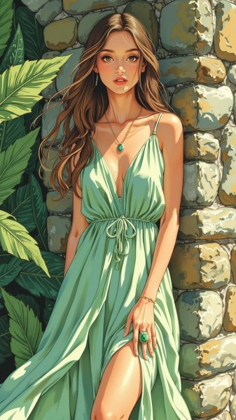 Изумрудное сияние: портрет в тропической атмосфере. Картинка из нейронной сети Flux Ai