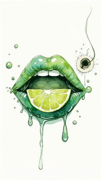 Игривое прикосновение воды к губам и нежная зелёная роль. Нейросеть Flux