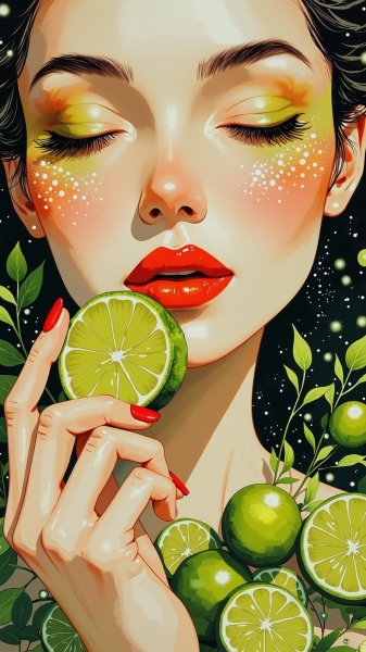 Изысканный портрет: женщина с лаймом и красными губами. Нейронная сеть Flux