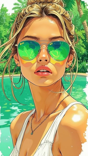Женщина в зелёных очках и сандалиях: яркий портрет. Нейронная сеть Flux.1