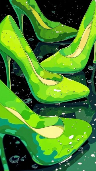 Яркие зеленые туфли на каблуке с капельками воды и глянцевой поверхностью. Нейронная сеть Flux