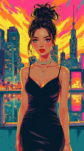 Стильная женщина на фоне городского заката в неоновых тонах. Генерация из нейронной сети Flux