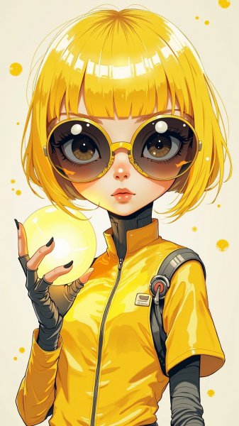 Яркий портрет футуристической девушки с желтыми волосами и светящимся шаром. Генерация из нейросети Flux 1