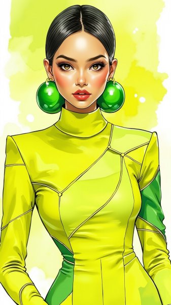 Яркий образ: современная женщина в неоновом желтом и зелени. Картинка из нейросети Flux