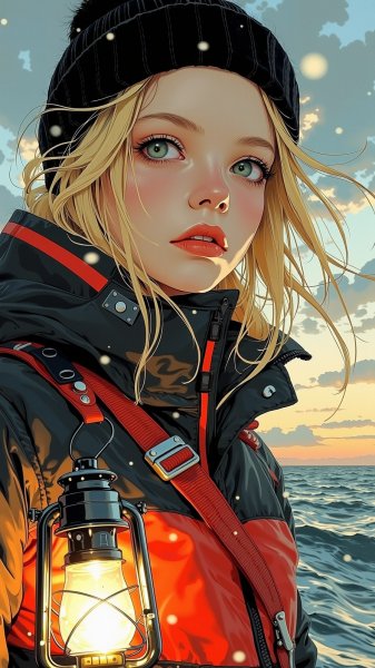 Ностальгическое фото: девушка у моря в винтажной атмосфере и ярком образе. Нейронная сеть Flux Ai