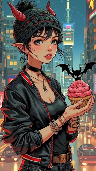 Спортивная бимбо в кожаной куртке и рогатой шапке с демоном-десертом. Изображение из нейросети Flux 1