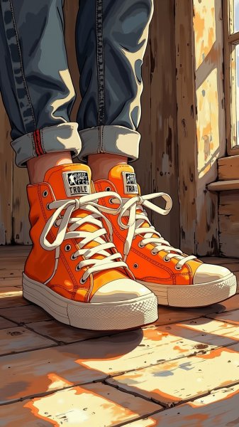 Яркие кроссовки неонового оранжевого цвета в уютном интерьере с деревом и стильным логотипом. Генерация из нейросети Flux.1