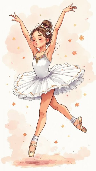 Грациозный прыжок юной балерины в белом танцевальном костюме и пуантах. Генерация из нейросети Flux.1