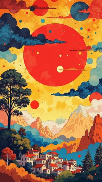 Круг спокойствия: сюрреалистичный коллаж с деревом и городком. Картинка из нейронной сети Flux.1