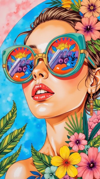 Яркий коллаж с девушкой в солнечных очках и тропическими растениями. Картинка из нейронной сети Flux Ai