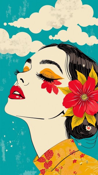 Задумчивый взгляд: цифровой коллаж с акцентом на губы и небесную панораму. Генерация из нейронной сети Flux 1