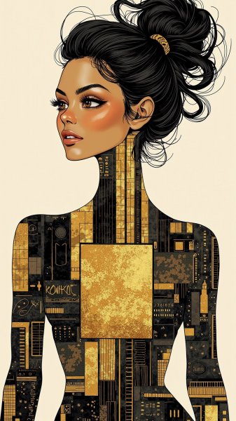 Портрет в стиле пиноколлаж: черное золото и мозаика силы. Изображение из нейронной сети Flux Ai