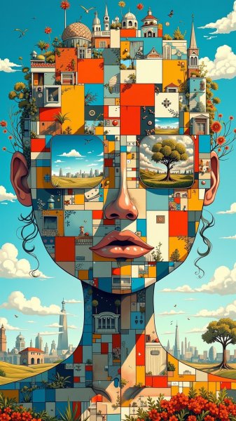 Геометрическое лицо на фоне города и природы. Нейронная сеть Flux