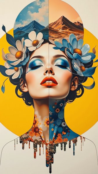 Круговая композиция: красота гор и женского лица в ярких тонах. Нейронная сеть Flux