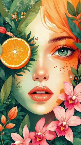 Яркий портрет в тропическом стиле с фруктами и цветами. Генерация из нейросети Flux Ai