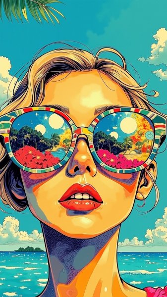 Солнцезащитные очки и безмятежность небесной лазури в коллажной композиции. Изображение из нейронной сети Flux Ai