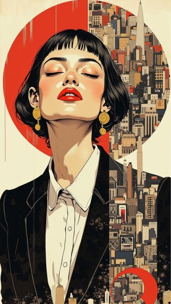 Круг лиц и города: цифровой коллаж в стиле пин-ап. Картинка из нейросети Flux 1