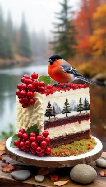 Преображение изображения: детализация, контраст и яркий свет для птицы, шиповника и пирога. Картинка из нейронной сети QWEN