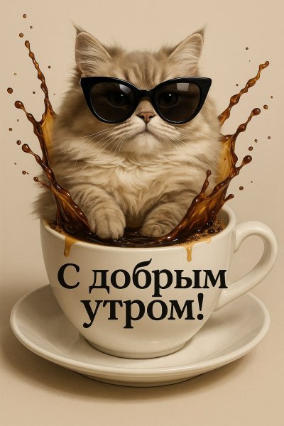 Кофейная нежность: пушистый кот и утреннее настроение в цифровом искусстве. Изображение из нейронной сети Sora