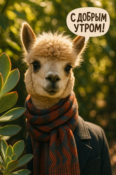 Альпака с шарфом и пожеланием доброго утра среди кактусов под солнечными лучами. Картинка из нейронной сети Sora Image