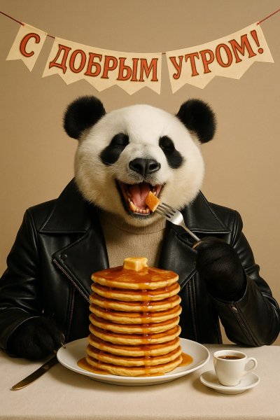Панда наслаждается вкусным завтраком с кофе и праздничным приветом. Нейронная сеть Sora Image