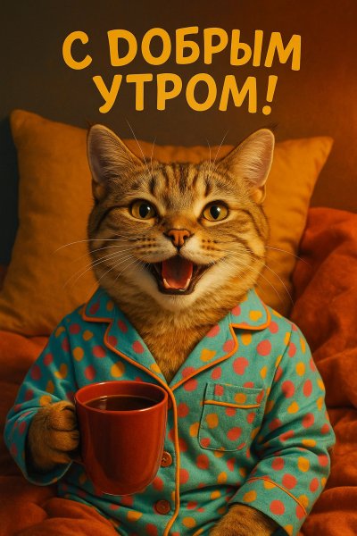 Утреннее настроение: котик в пижаме с кофе и пожеланием доброго утра. Генерация из нейросети Sora Ai Images