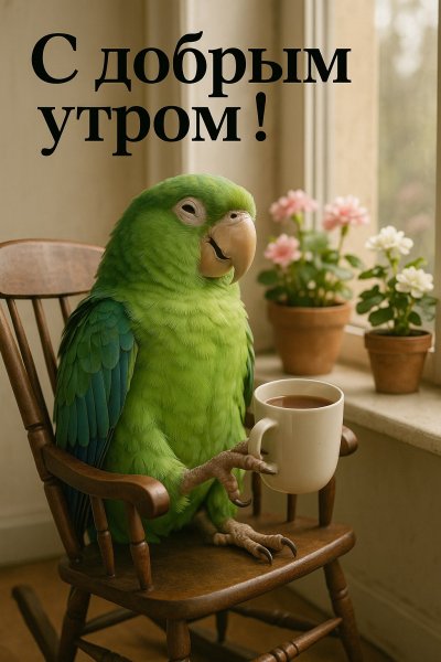 Уютное утро с попугаем и чашкой горячего чая. Генерация из нейронной сети Sora