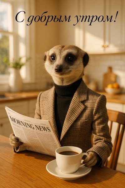 Утро суриката: уютная сцена с кофе и газетой. Нейросеть Sora images Ai