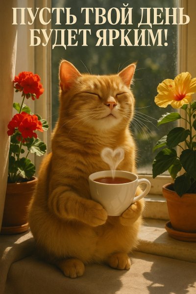 Уютный кот и чашка тепла: солнечный день на подоконнике. Изображение из нейросети Sora Ai Images