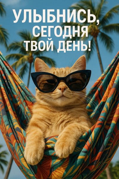 Котик в очках отдыхает в гамаке. Картинка из нейросети Sora Ai Images