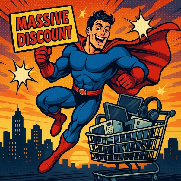 Супергеройская акция: яркий прыжок в мир выгодных покупок. Генерация из нейросети Sora Images