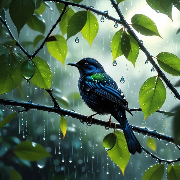 Ветвь после дождя с птицей в неоновых линиях. Нейросеть Stable Diffusion