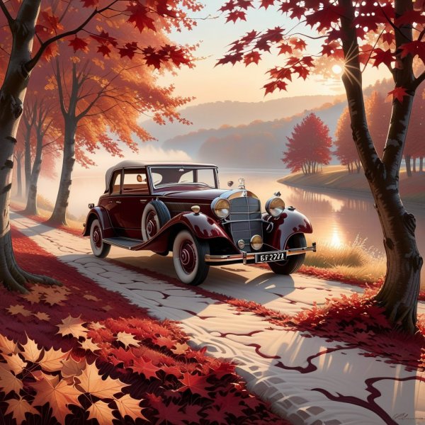 Винтажный Мэрседес на рассвете: детализированный пейзаж с туманью и осенними красками. Нейронная сеть Stable Diffusion