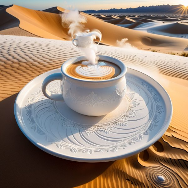 Белая фантазия: утренний кофе в песчаной пустыне и облака над дюнами. Генерация из нейронной сети Stable Diffusion